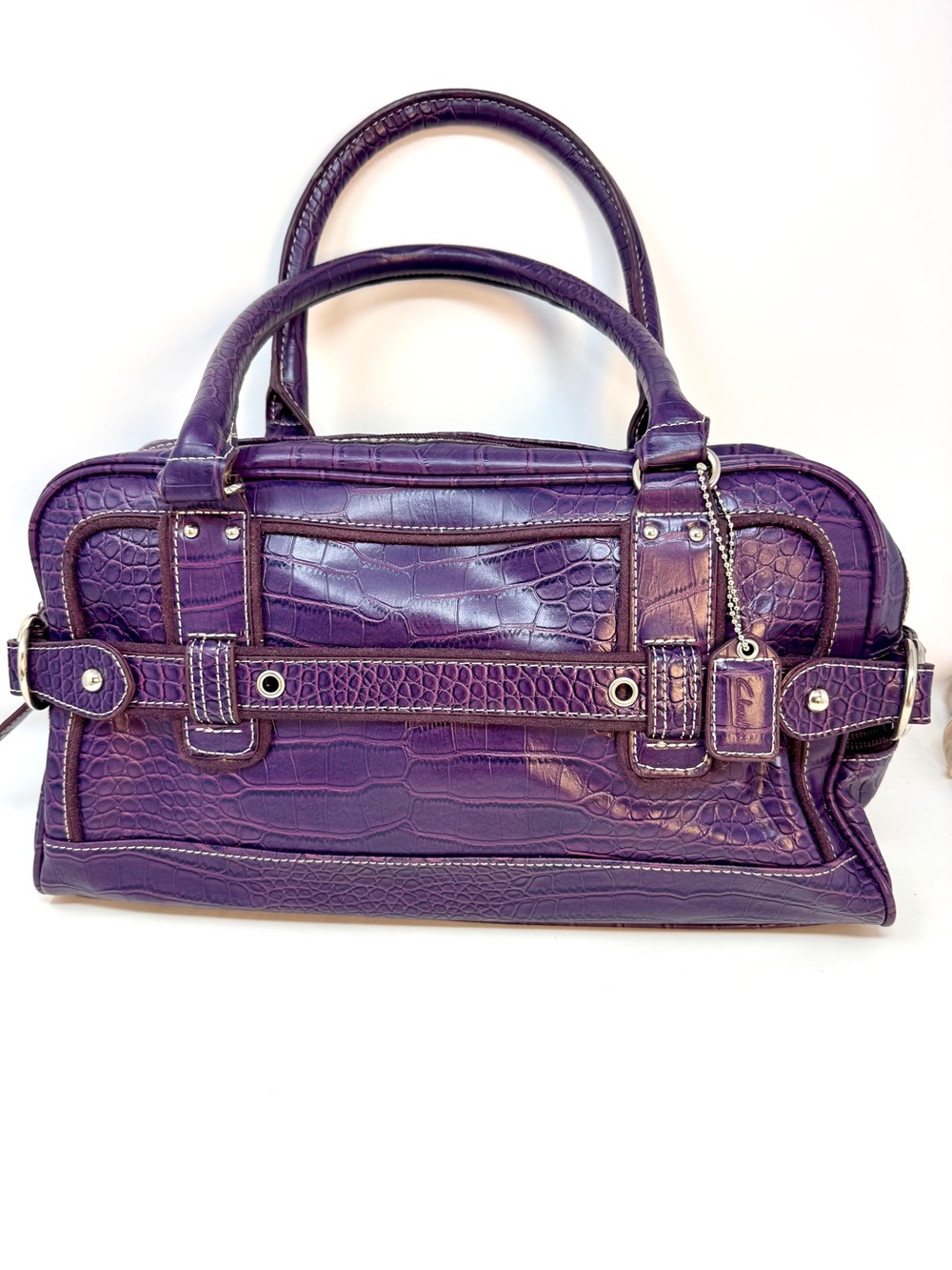Vintage Clarks Purple Croc Embossed Leather Satchel Bowler Bag Y2K
